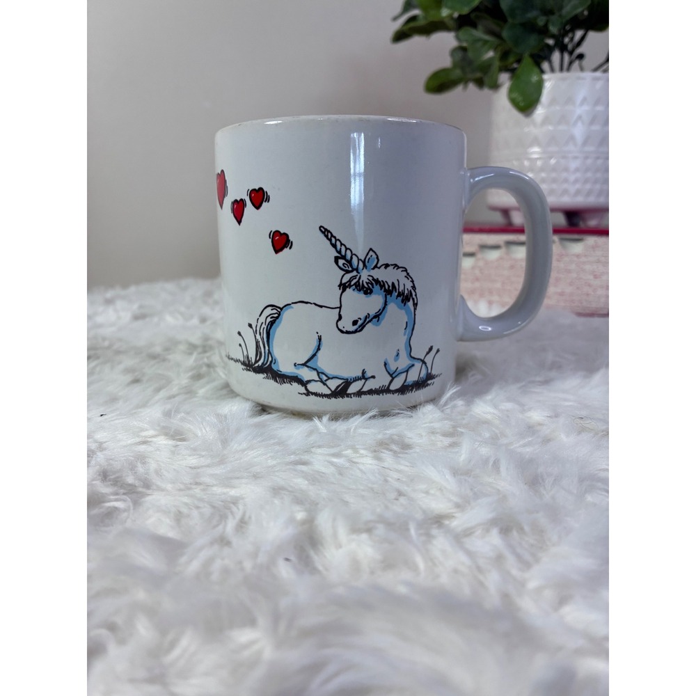 Vintage Russ Berrie Unicorn Hearts Coffee Mug White Ceramic Made in Korea